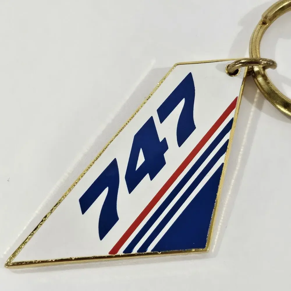Vintage 747 Jet Airplane Tail Keychain Gold Tone Enamel Aviation Airline Pilot